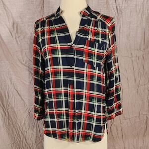 Market & Spruce $55 Medium Colibri Plaid Henley 3/4 Sleeve Blue Red Green‎